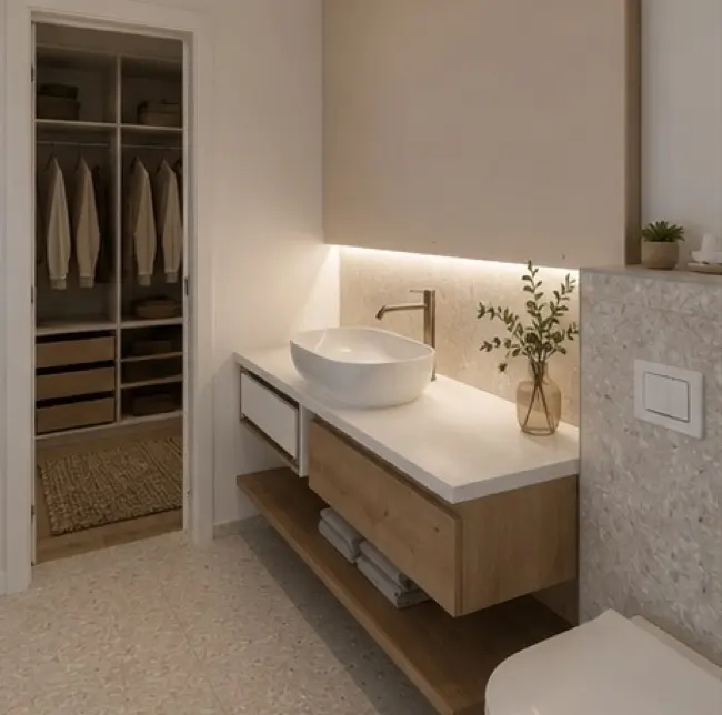 Ensuite bathroom with shower, round mirror, and warm ceiling detail