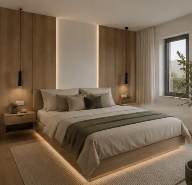 Bedroom with warm wood wall and simple bench