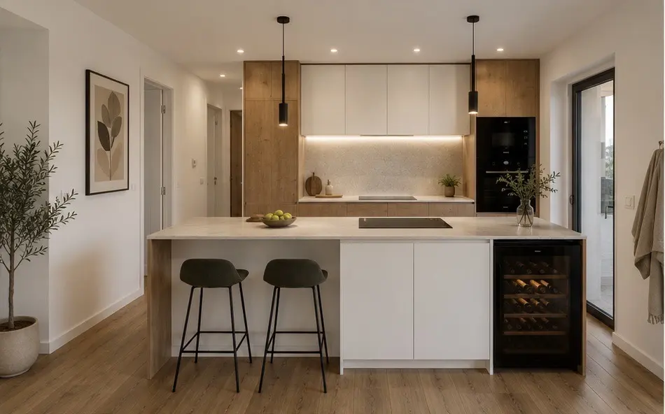 Fully equipped kitchen with wine glasses and vaulted ceiling
