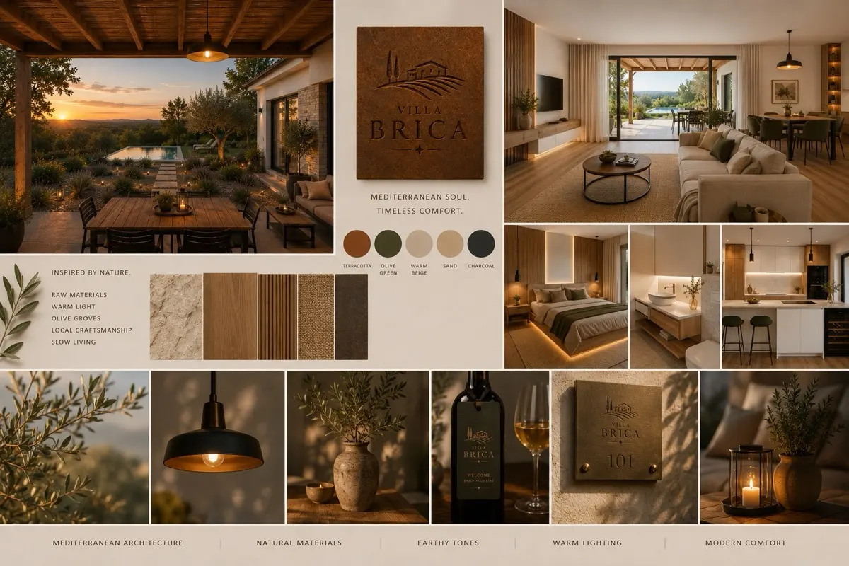 Villa Brica visual mood board with exterior, interiors, wine, and materials